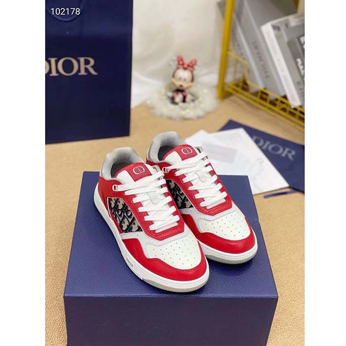 Dior Unisex Shoes CD B27 Low-Top Sneaker Red Gray White Smooth Calfskin Oblique Jacquard