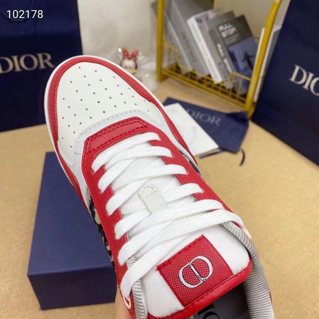 Dior Unisex Shoes CD B27 Low-Top Sneaker Red Gray White Smooth Calfskin Oblique Jacquard