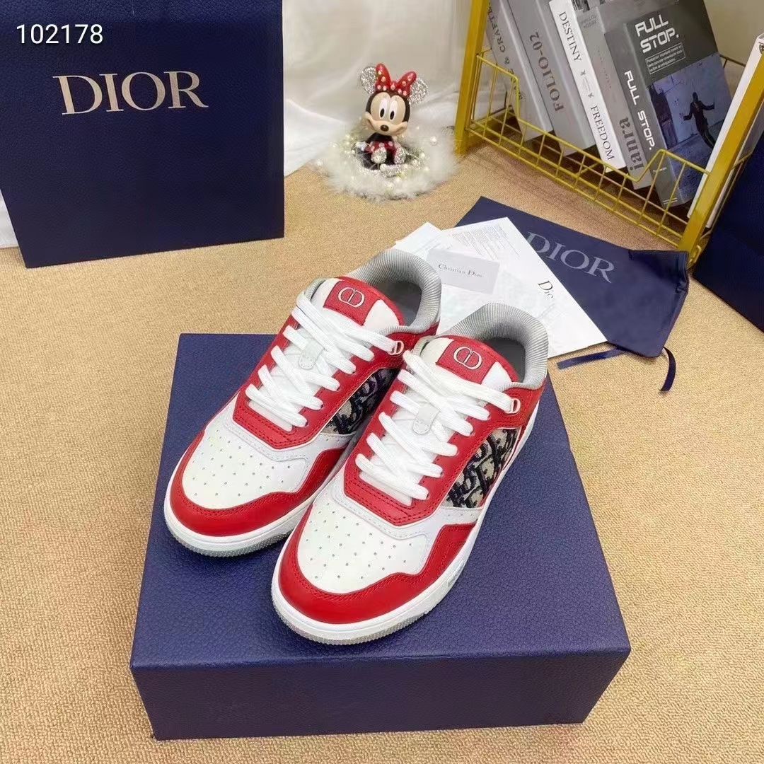 Dior Unisex Shoes CD B27 Low-Top Sneaker Red Gray White Smooth Calfskin Oblique Jacquard