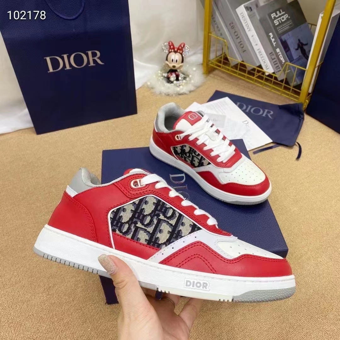 Dior Unisex Shoes CD B27 Low-Top Sneaker Red Gray White Smooth Calfskin Oblique Jacquard