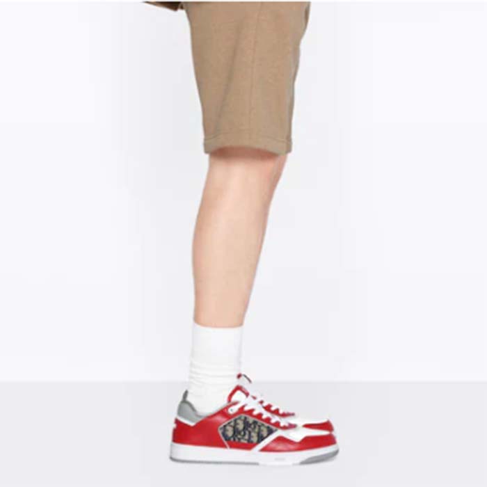 Dior Unisex Shoes CD B27 Low-Top Sneaker Red Gray White Smooth Calfskin Oblique Jacquard