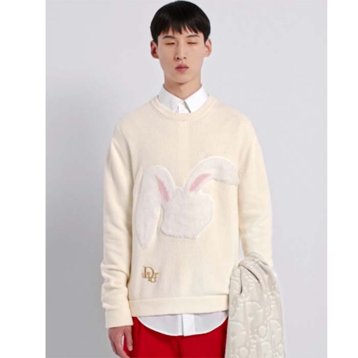 Dior Men CD By Erl Sweater Rabbit Patch Beige Cotton-Blend Jersey Round Neck