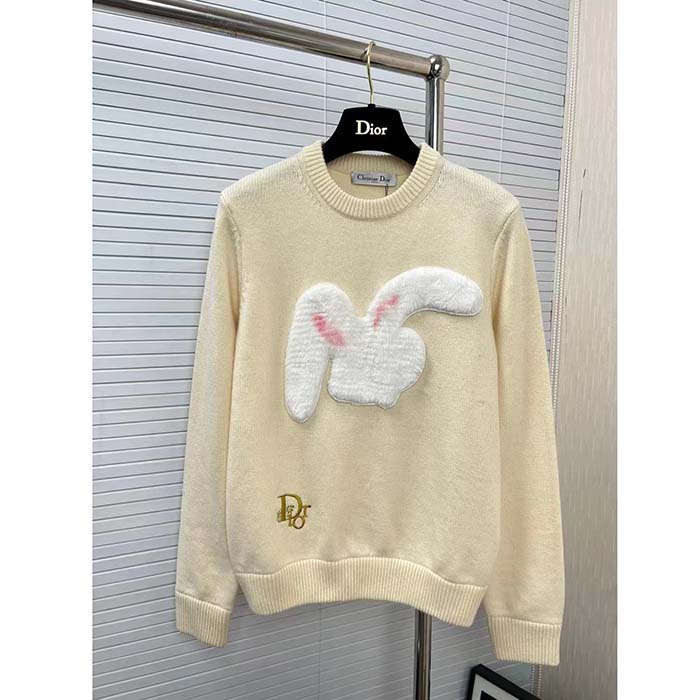 Dior Men CD By Erl Sweater Rabbit Patch Beige Cotton-Blend Jersey Round Neck
