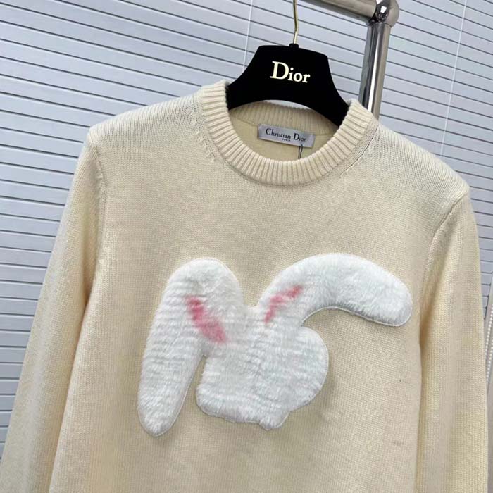 Dior Men CD By Erl Sweater Rabbit Patch Beige Cotton-Blend Jersey Round Neck