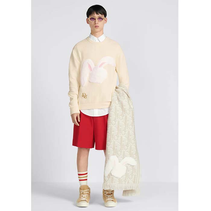 Dior Men CD By Erl Sweater Rabbit Patch Beige Cotton-Blend Jersey Round Neck