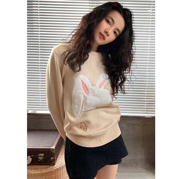 Dior Women CD By Erl Sweater Rabbit Patch Beige Cotton-Blend Jersey Round Neck