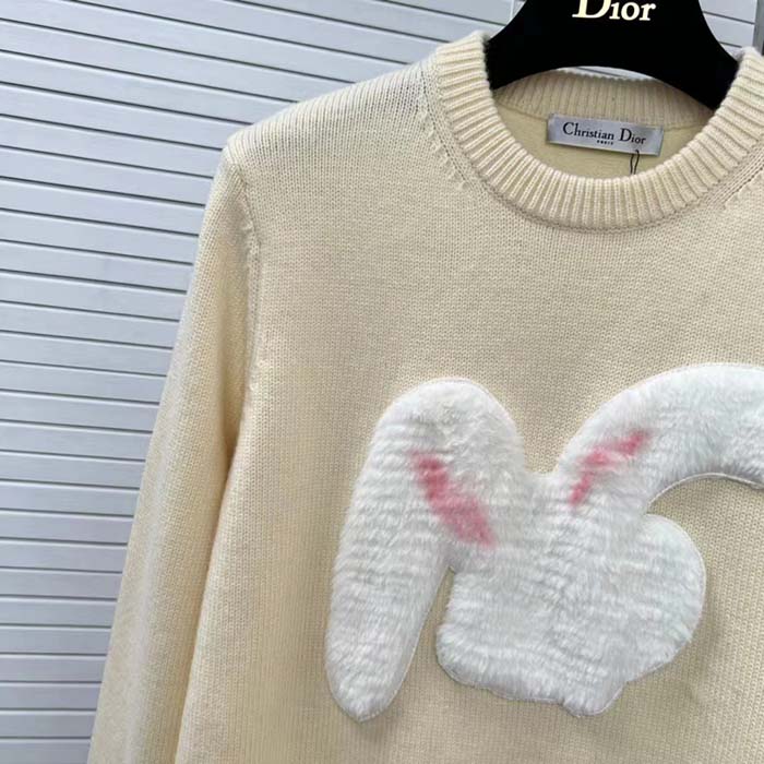 Dior Men CD By Erl Sweater Rabbit Patch Beige Cotton-Blend Jersey Round Neck