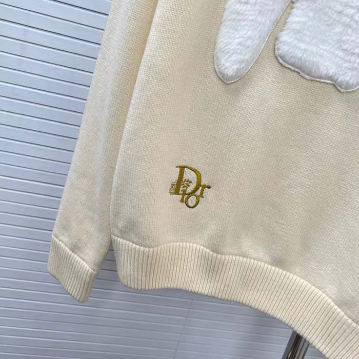 Dior Men CD By Erl Sweater Rabbit Patch Beige Cotton-Blend Jersey Round Neck