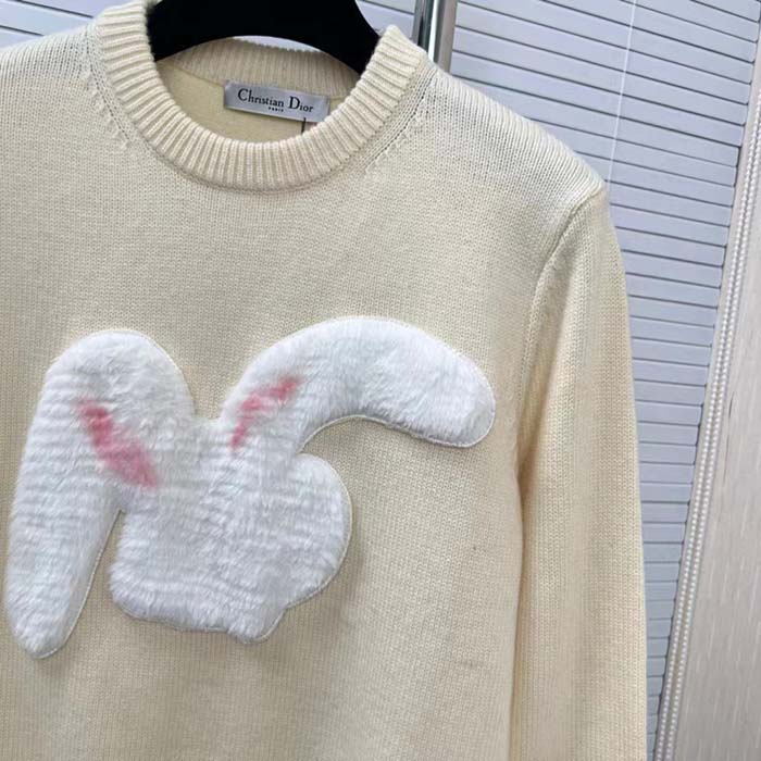Dior Men CD By Erl Sweater Rabbit Patch Beige Cotton-Blend Jersey Round Neck