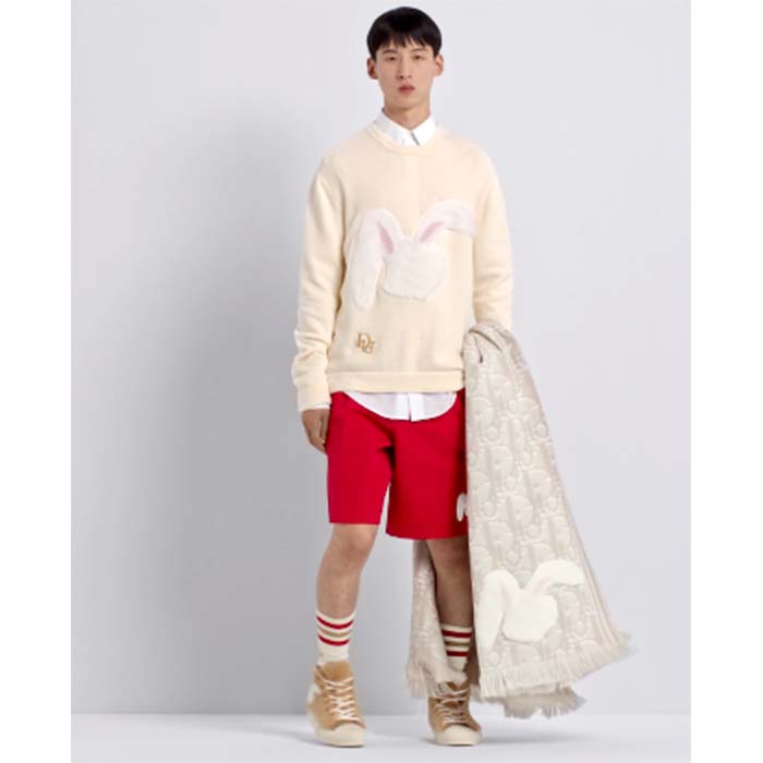 Dior Men CD By Erl Sweater Rabbit Patch Beige Cotton-Blend Jersey Round Neck