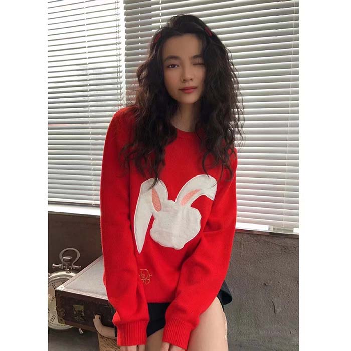 Dior Women CD By Erl Sweater Rabbit Patch Red Cotton-Blend Jersey Round Neck