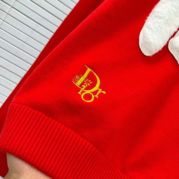 Dior Men CD By Erl Sweater Rabbit Patch Red Cotton-Blend Jersey Round Neck