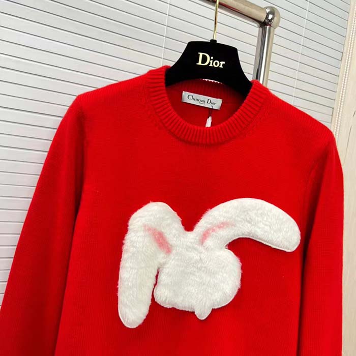 Dior Men CD By Erl Sweater Rabbit Patch Red Cotton-Blend Jersey Round Neck