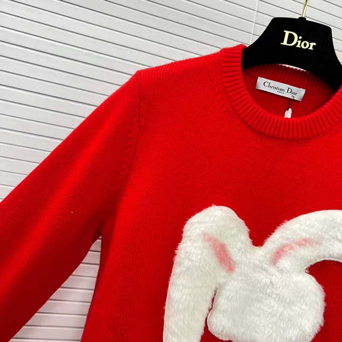 Dior Men CD By Erl Sweater Rabbit Patch Red Cotton-Blend Jersey Round Neck