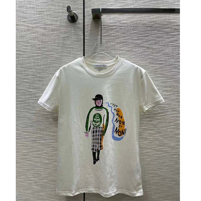 Dior Women CD ‘C’est Non Non Non Et Non’ T-Shirt Ecru Cotton Jersey Linen