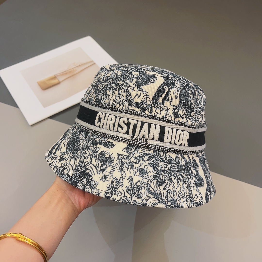Dior Women CD D-Bobby Small Brim Bucket Hat White Blue Cotton Blend