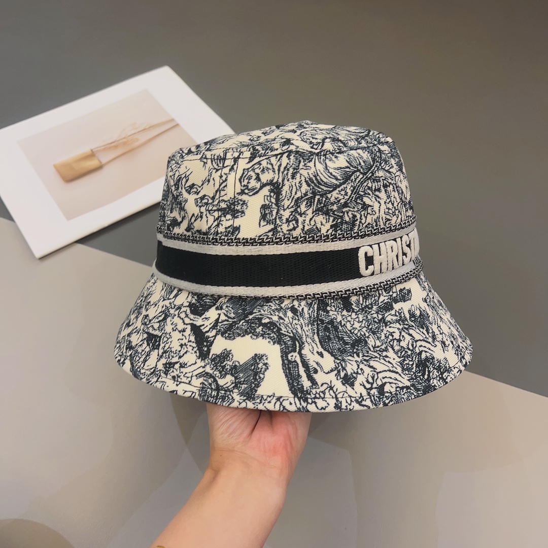 Dior Women CD D-Bobby Small Brim Bucket Hat White Blue Cotton Blend