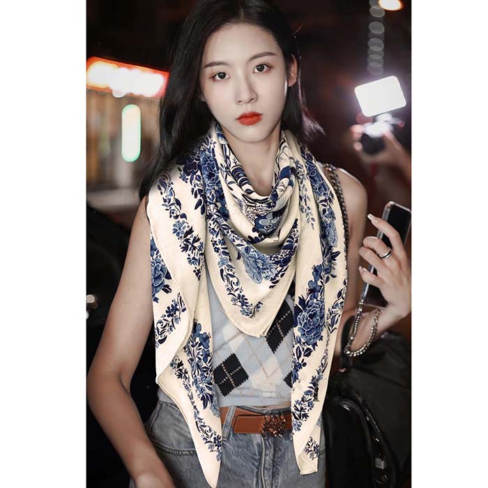 Dior Women CD Dior Jardin D’Hiver 90 Square Scarf Ivory Blue Silk Twill