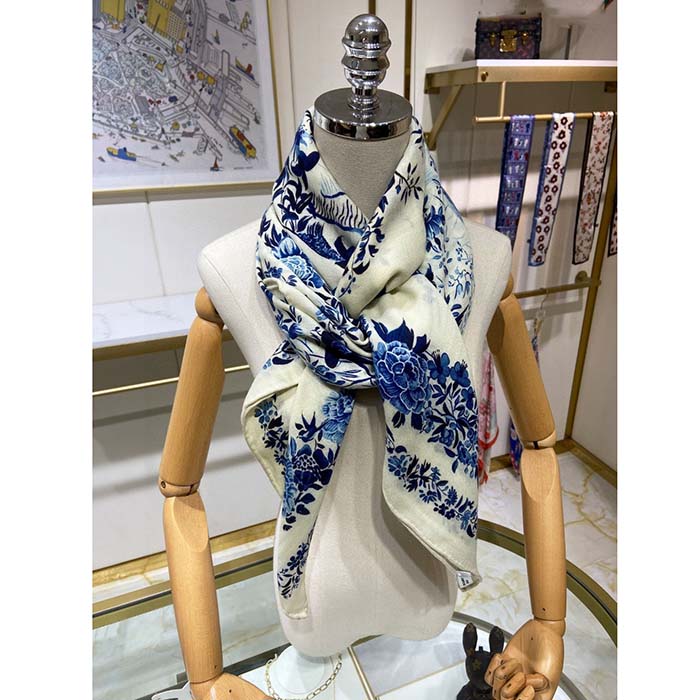 Dior Women CD Dior Jardin D’Hiver 90 Square Scarf Ivory Blue Silk Twill