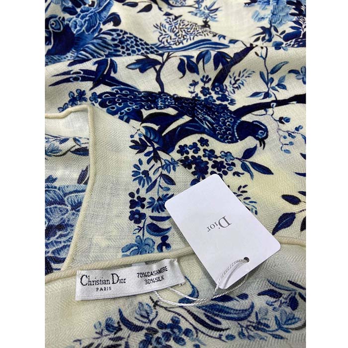 Dior Women CD Dior Jardin D’Hiver 90 Square Scarf Ivory Blue Silk Twill