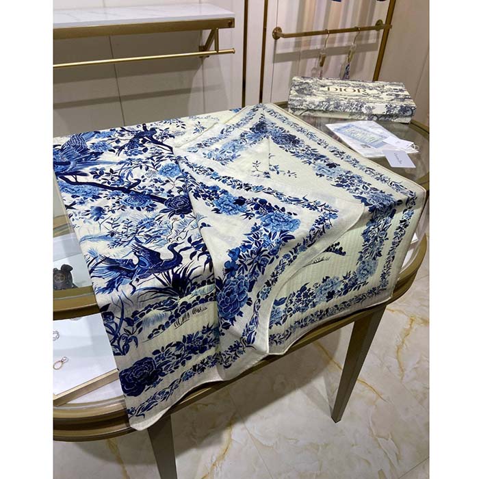Dior Women CD Dior Jardin D’Hiver 90 Square Scarf Ivory Blue Silk Twill