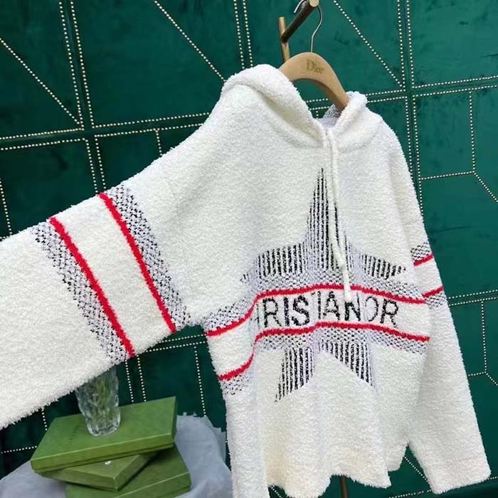 Dior Men CD DiorAlps Hooded Sweater Ecru Technical Wool Textured Knit Star
