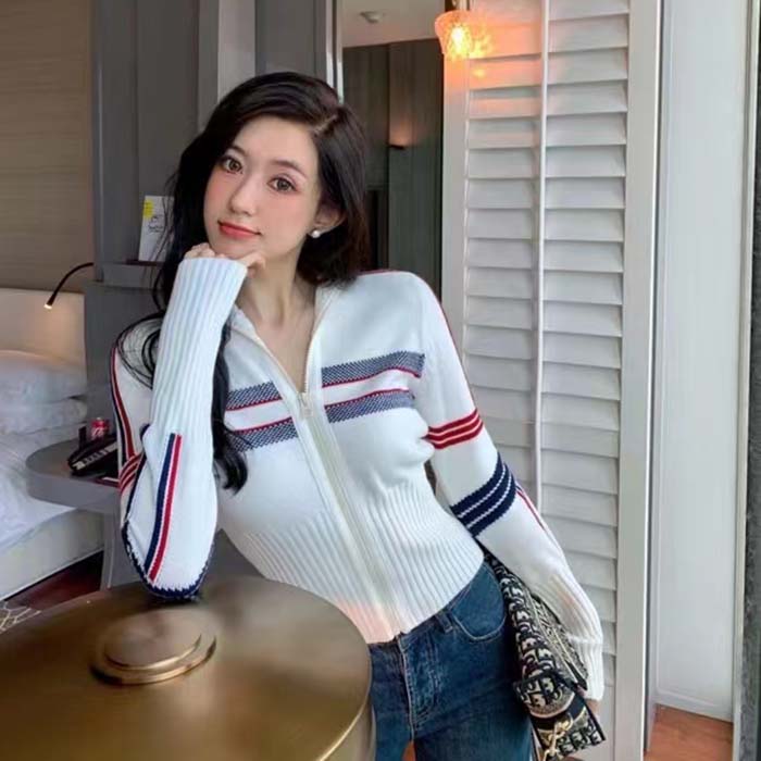 Dior Women CD DiorAlps Short High-Collar Cardigan White Three-Tone Wool Cashmere Knit