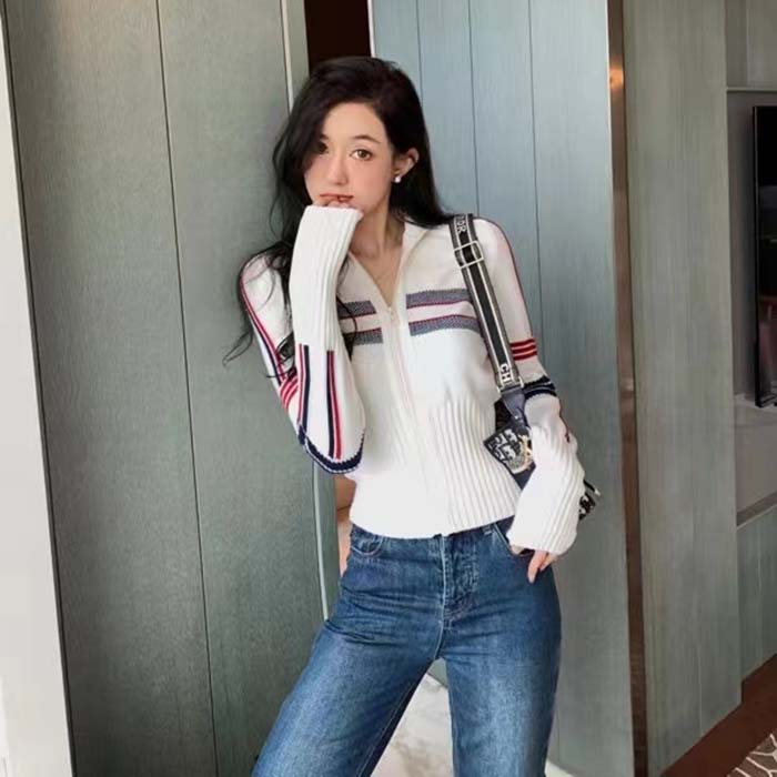 Dior Women CD DiorAlps Short High-Collar Cardigan White Three-Tone Wool Cashmere Knit