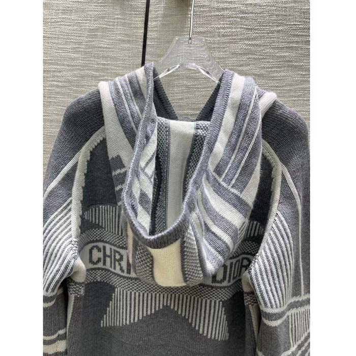 Dior Women CD DiorAlps Zipped Cardigan Hood Gray White Wool Cashmere Knit