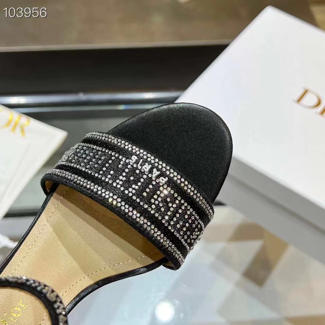 Dior Women CD Dway Heeled Sandal Black Cotton Embroidered Thread Silver-Tone Strass