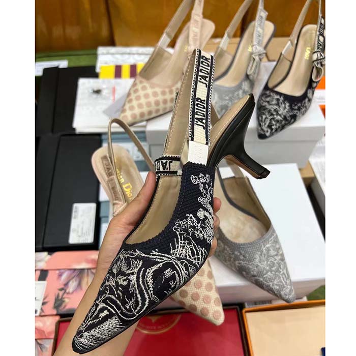 Dior Women CD J’Adior Slingback Pump Black Gold-Tone Velvet Embroidered Jardin D’Hiver