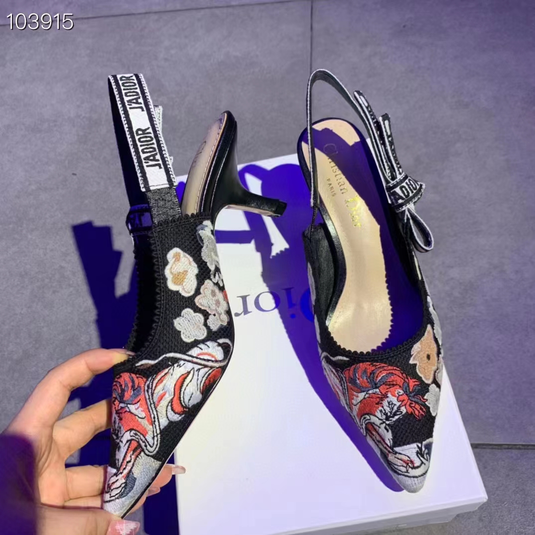 Dior Women CD J’Adior Slingback Pump Black Multicolor Embroidered Cotton Toile De Jouy Pop