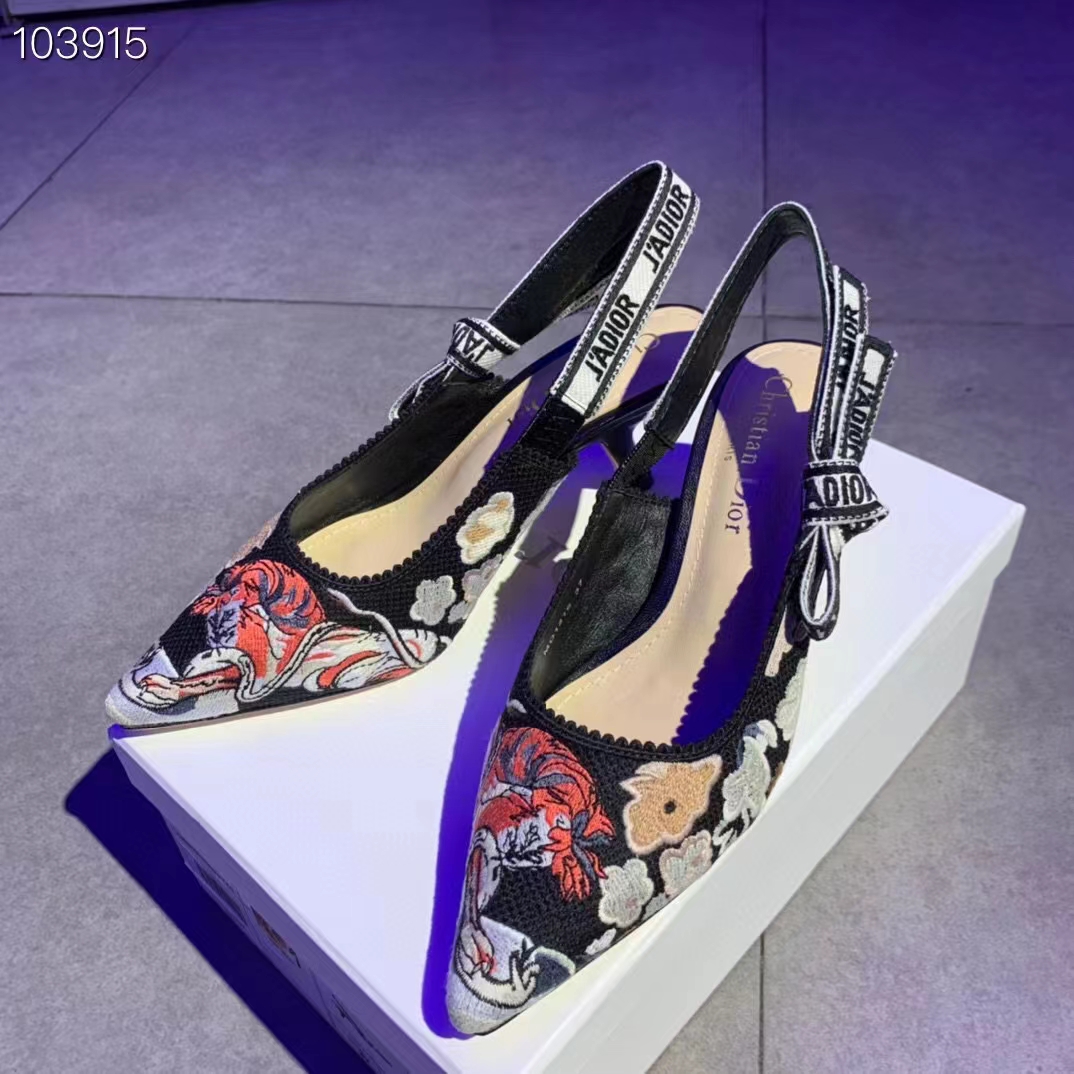 Dior Women CD J’Adior Slingback Pump Black Multicolor Embroidered Cotton Toile De Jouy Pop