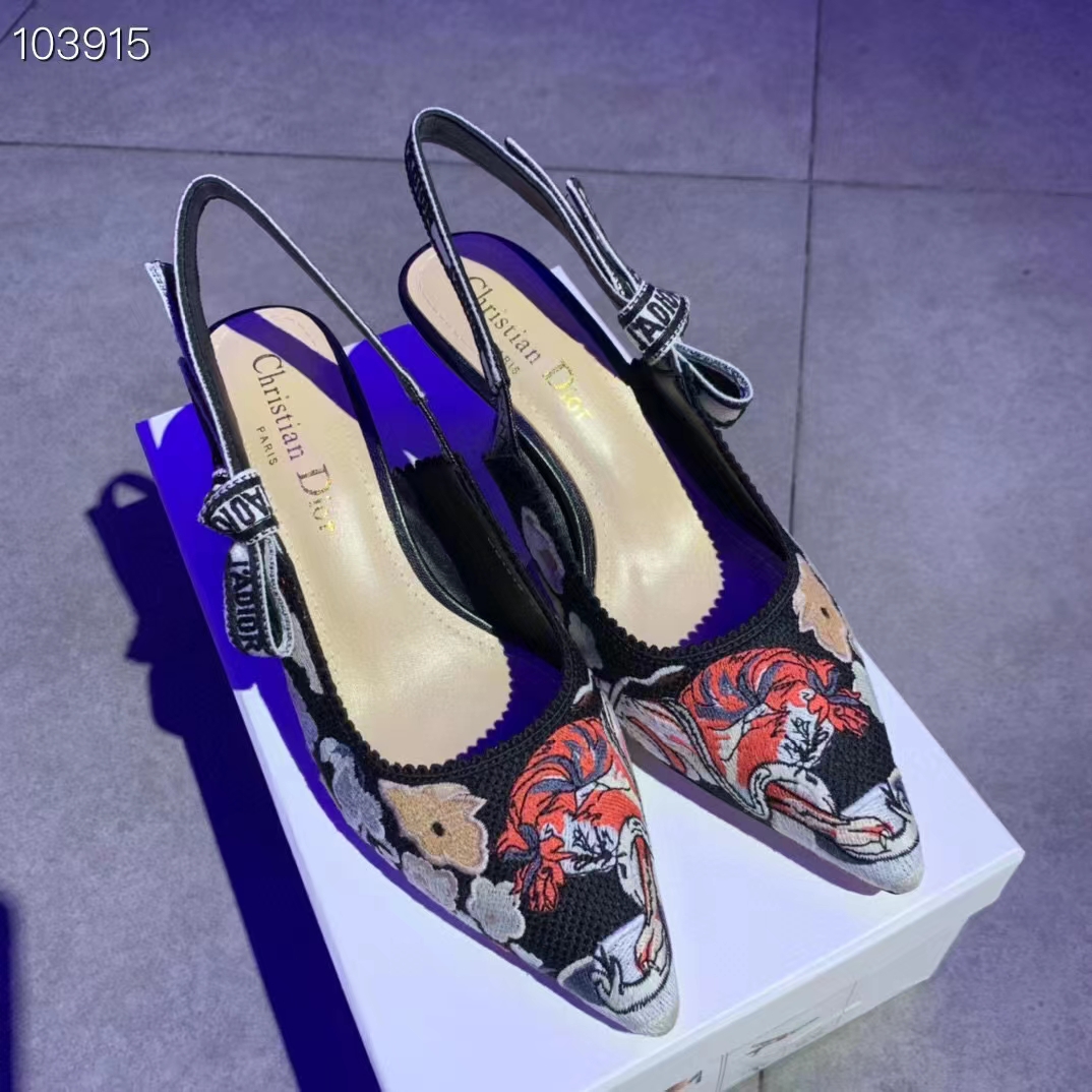 Dior Women CD J’Adior Slingback Pump Black Multicolor Embroidered Cotton Toile De Jouy Pop