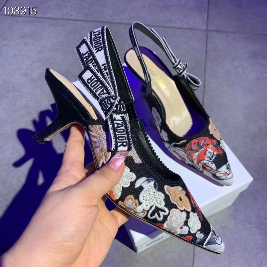 Dior Women CD J’Adior Slingback Pump Black Multicolor Embroidered Cotton Toile De Jouy Pop