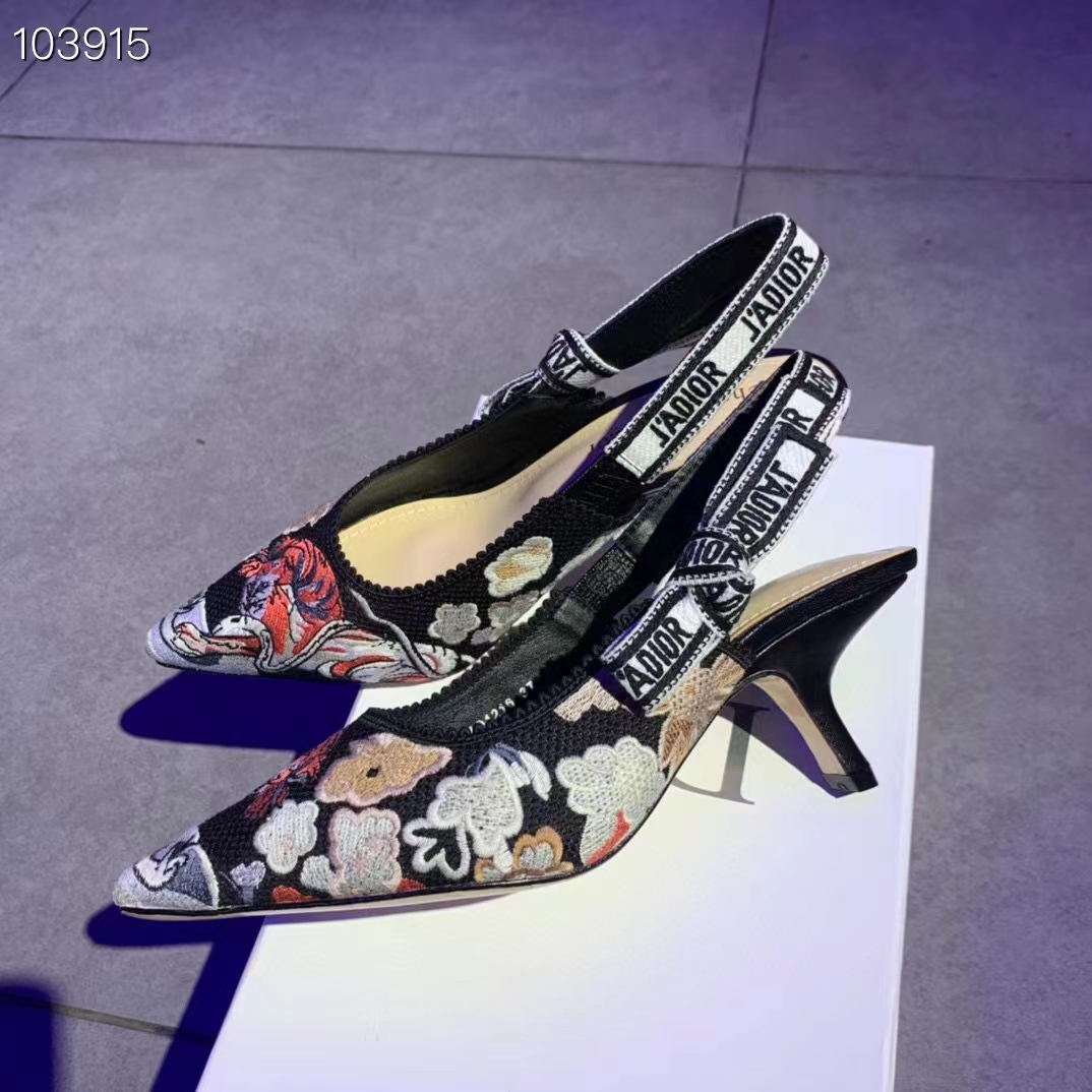 Dior Women CD J’Adior Slingback Pump Black Multicolor Embroidered Cotton Toile De Jouy Pop