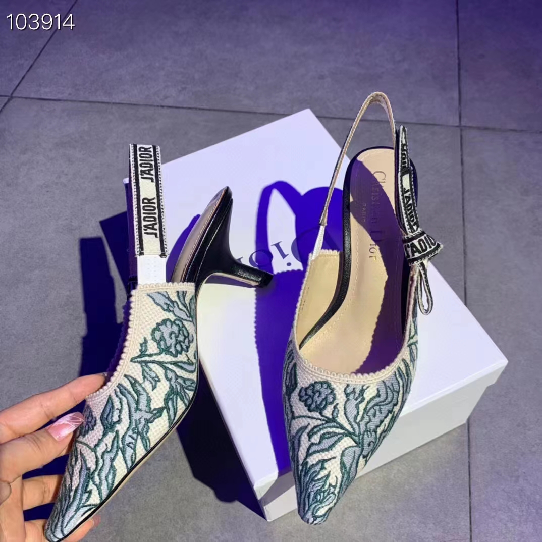 Dior Women CD J’Adior Slingback Pump Duck Blue Brocart Embroidered Cotton Metallic Thread