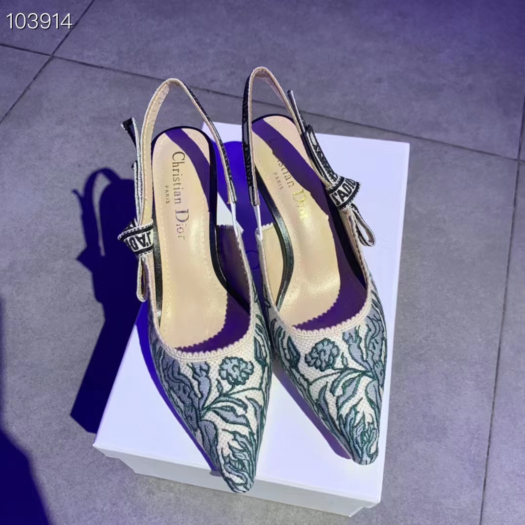 Dior Women CD J’Adior Slingback Pump Duck Blue Brocart Embroidered Cotton Metallic Thread