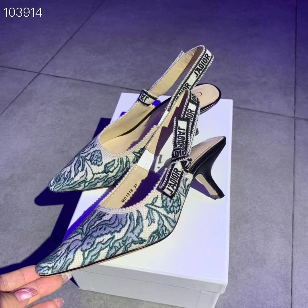 Dior Women CD J’Adior Slingback Pump Duck Blue Brocart Embroidered Cotton Metallic Thread