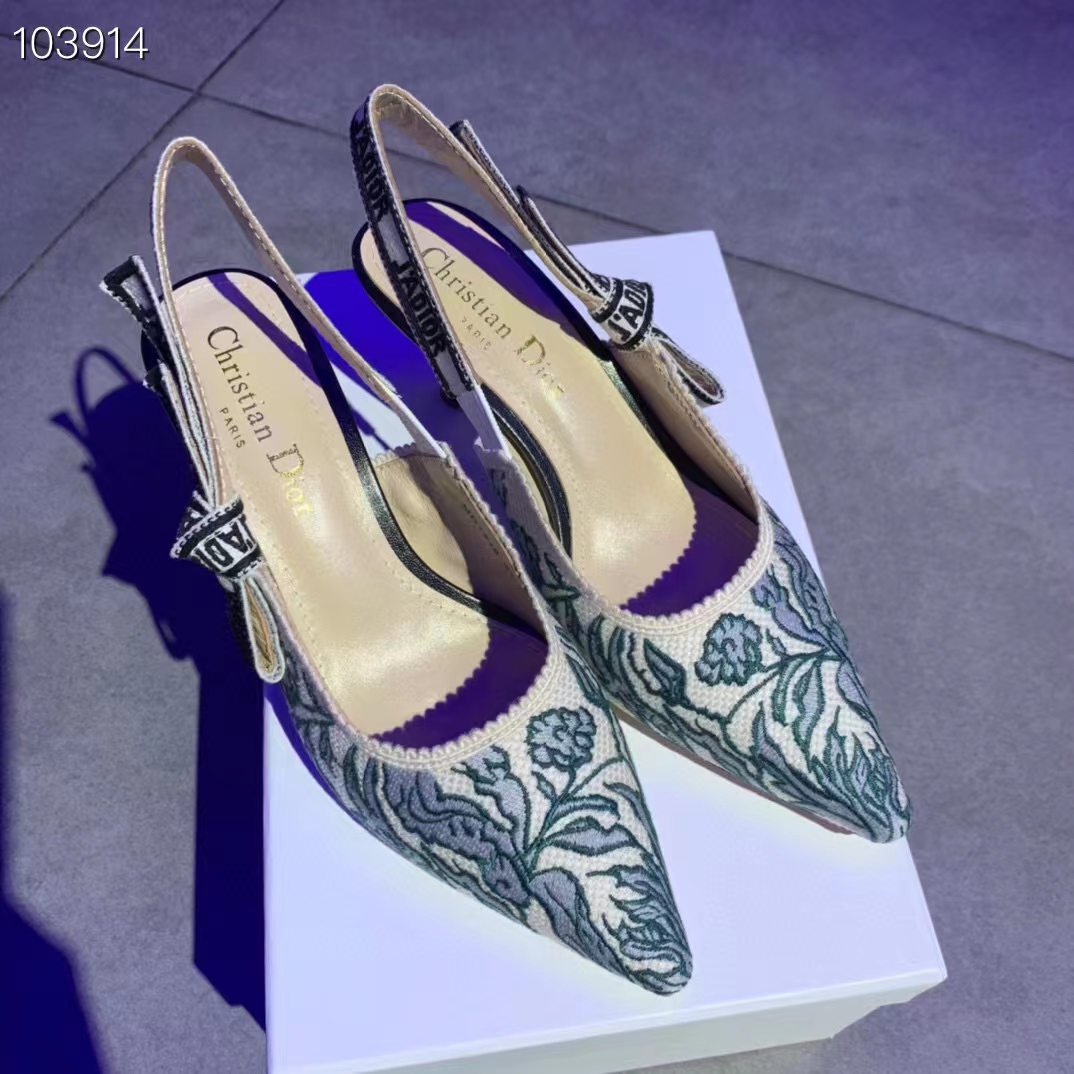 Dior Women CD J’Adior Slingback Pump Duck Blue Brocart Embroidered Cotton Metallic Thread