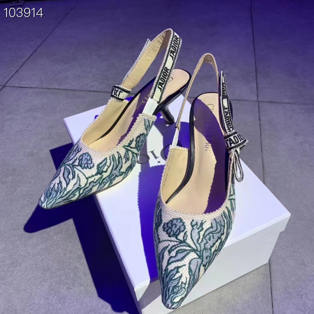 Dior Women CD J’Adior Slingback Pump Duck Blue Brocart Embroidered Cotton Metallic Thread