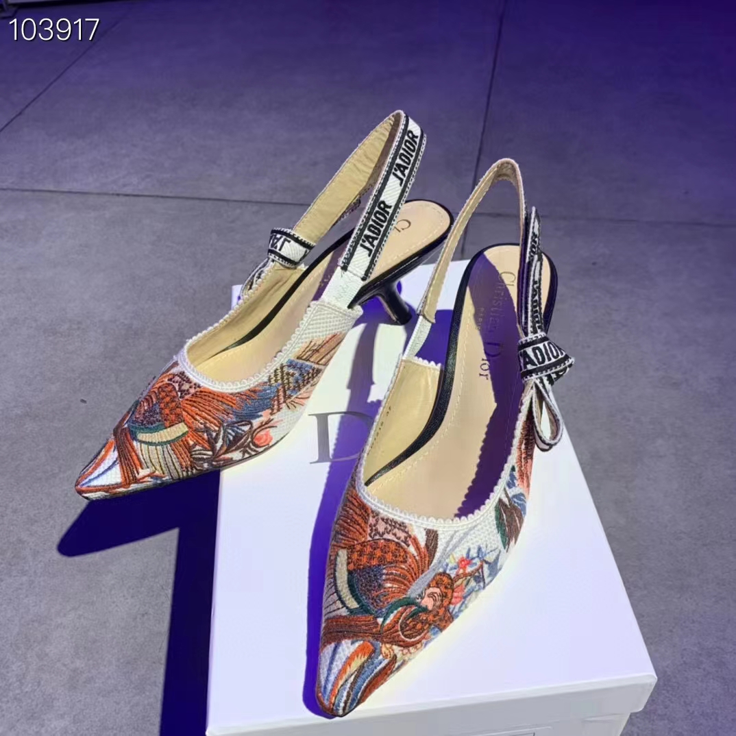 Dior Women CD J’Adior Slingback Pump White Multicolor Jardin D’Hiver Embroidered Cotton