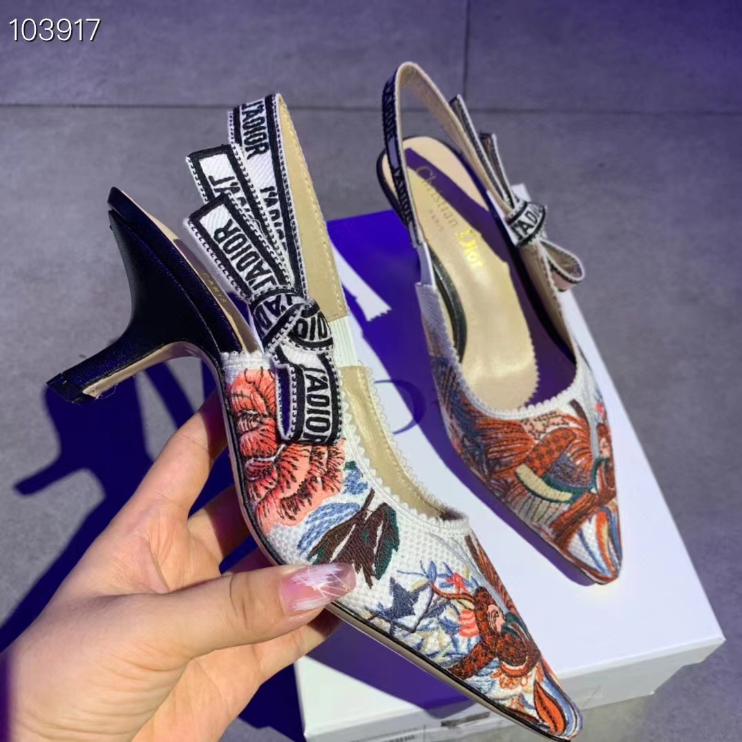 Dior Women CD J’Adior Slingback Pump White Multicolor Jardin D’Hiver Embroidered Cotton