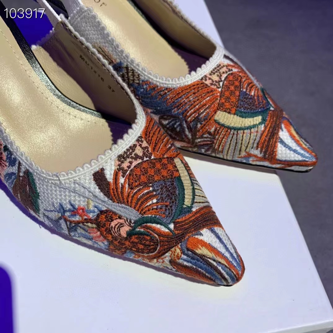 Dior Women CD J’Adior Slingback Pump White Multicolor Jardin D’Hiver Embroidered Cotton
