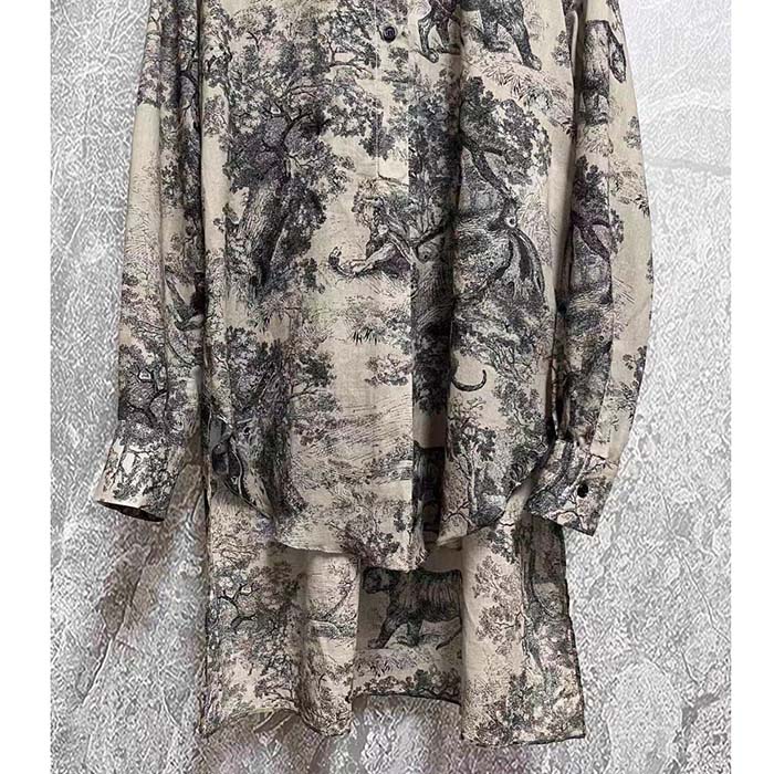 Dior Women CD Long Blouse Hazelnut Cotton Voile Toile de Jouy Motif