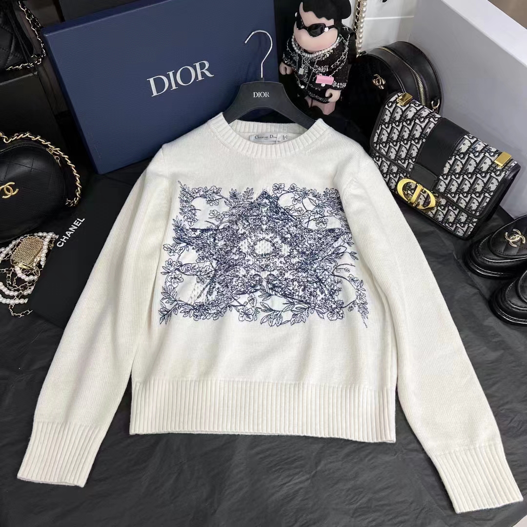 Dior Men CD Sweater Ecru Cashmere Knit Blue Dior Sevilla Star Motif