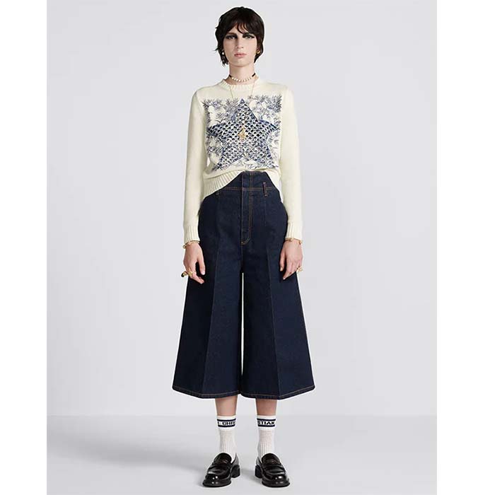 Dior Women CD Sweater Ecru Cashmere Knit Blue Dior Sevilla Star Motif