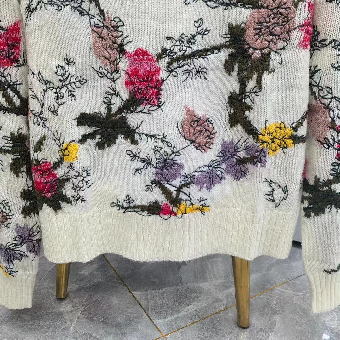 Dior Women CD Sweater Ecru Cashmere Knit Multicolor Dior Jardin Botanique Motif