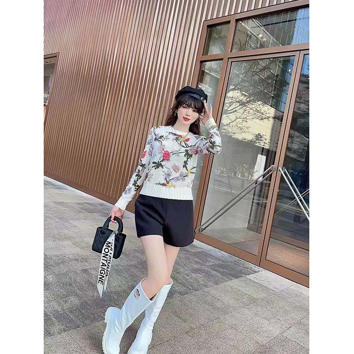 Dior Women CD Sweater Ecru Cashmere Knit Multicolor Dior Jardin Botanique Motif