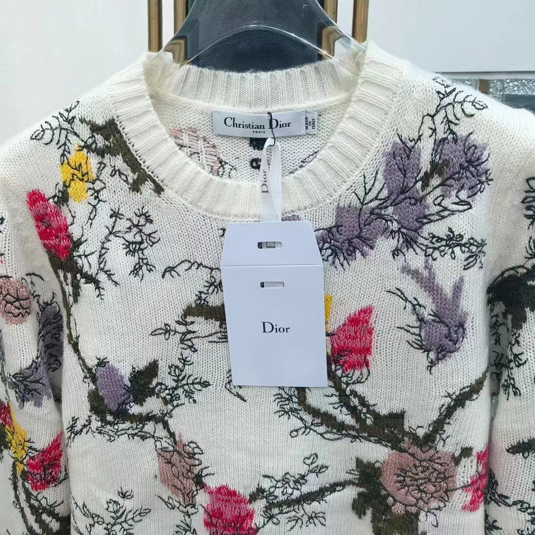 Dior Women CD Sweater Ecru Cashmere Knit Multicolor Dior Jardin Botanique Motif